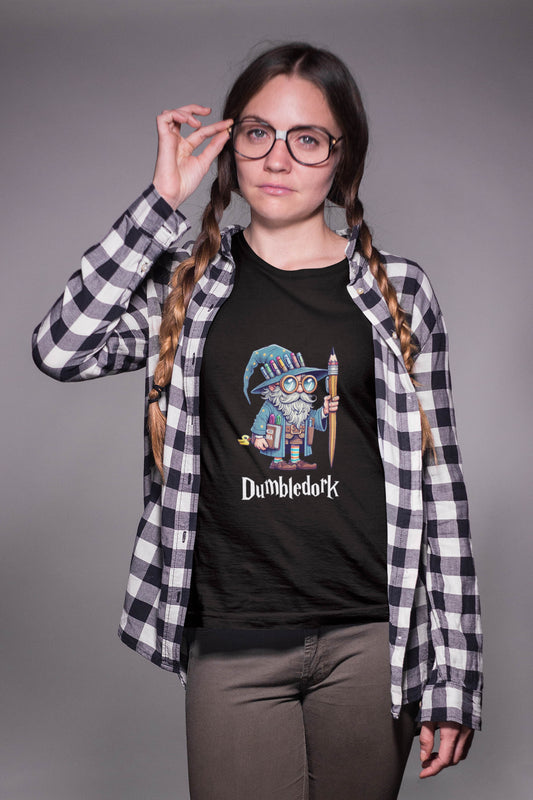 Hilarious spoof of Dumbledore, featuring a dorky wizard on a high quality cotton t-shirt