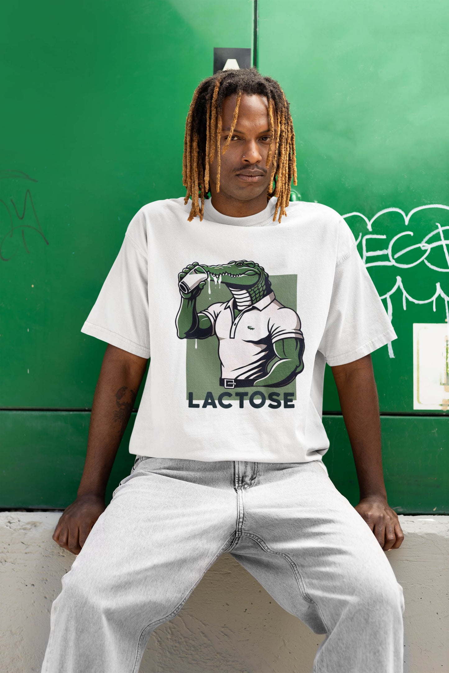 Hilarious spoof of the lacoste brand, featuring a crocodile drinking milk and a play on the word lactose and lacoste