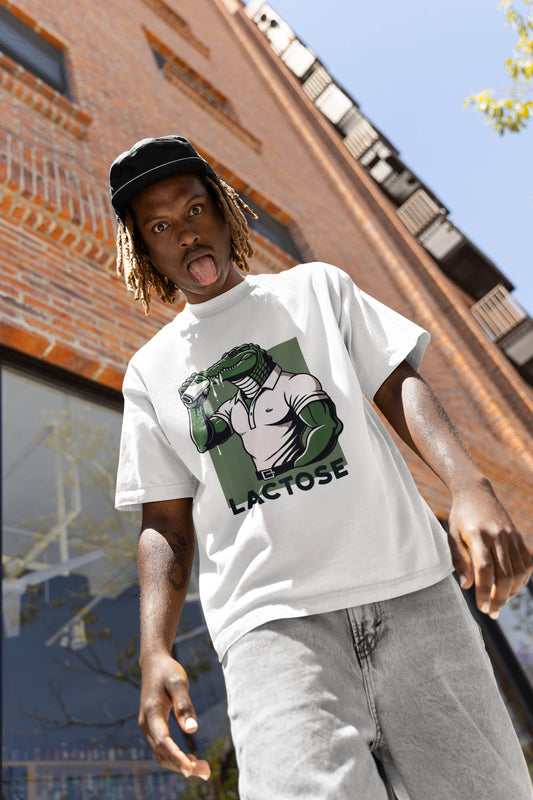 Hilarious spoof of the lacoste brand, featuring a crocodile drinking milk and a play on the word lactose and lacoste