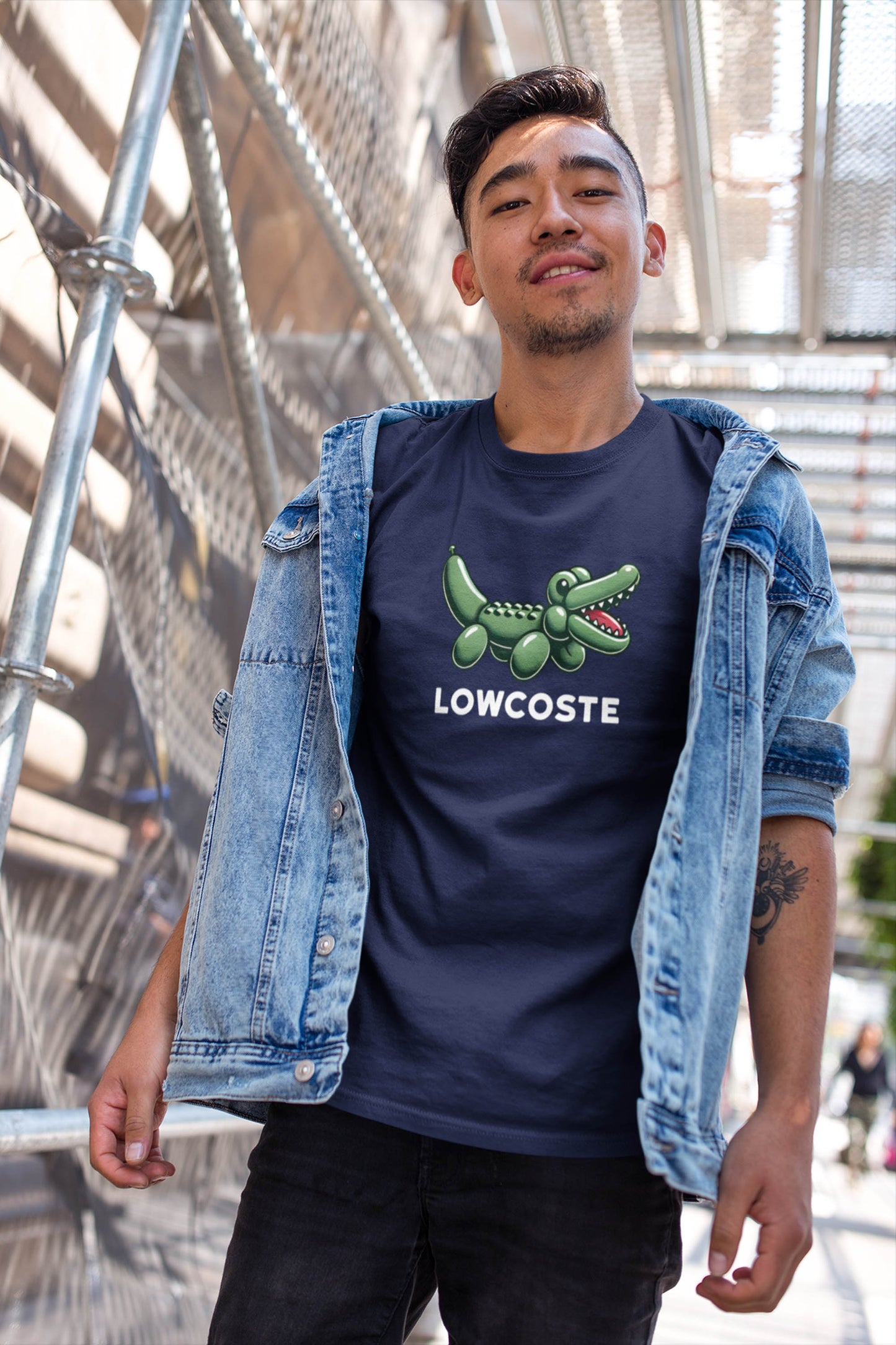 Hilarious spoof of the lacoste brand, featuring am inflatable balloon crocodile, as if to parody the expensive lacoste brand in a playful way.