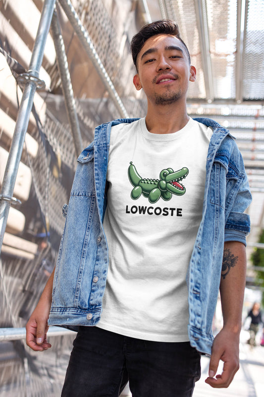 Hilarious spoof of the lacoste brand, featuring am inflatable balloon crocodile, as if to parody the expensive lacoste brand in a playful way.