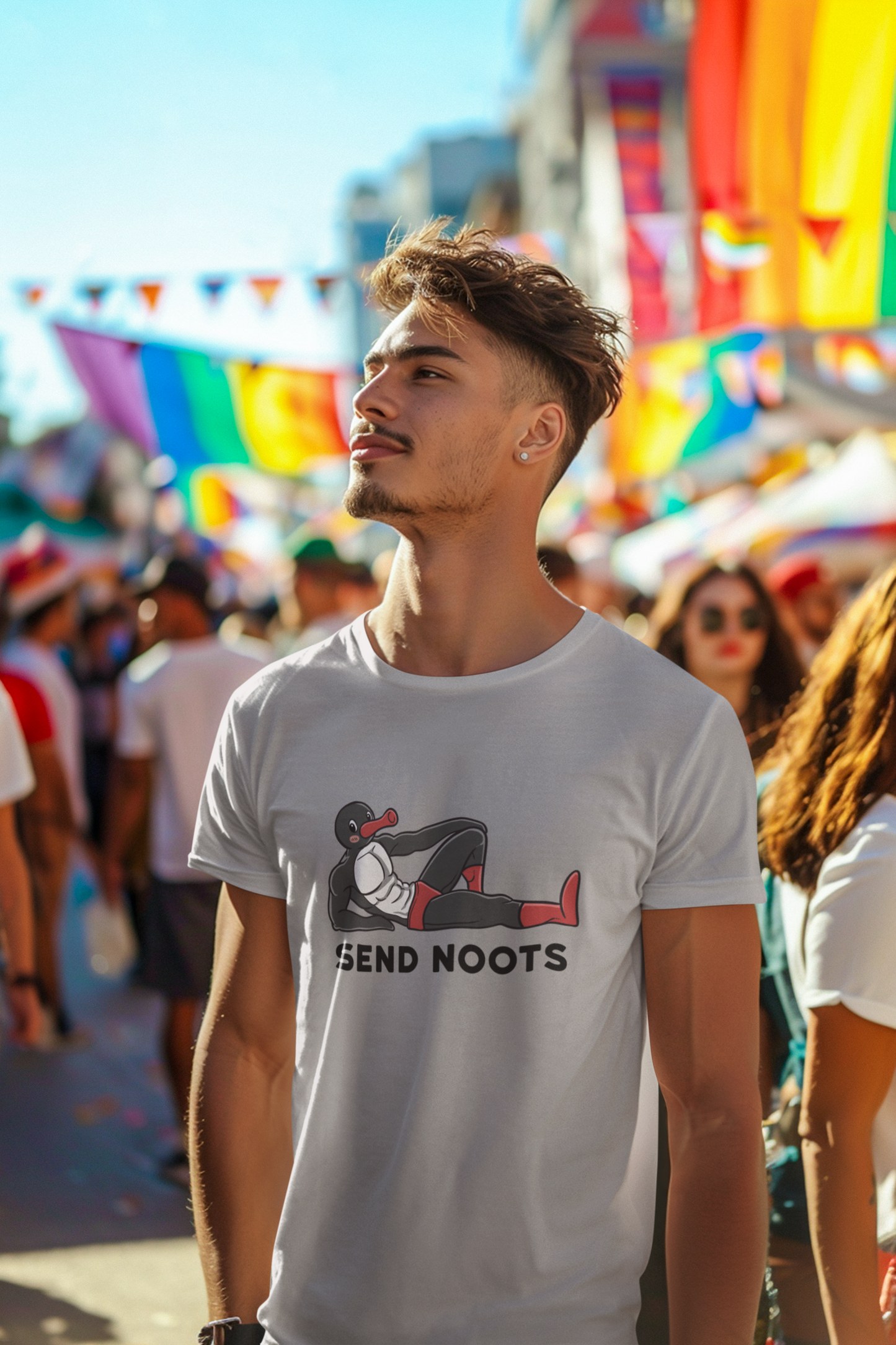 For fans of quirky humor and nostalgic TV show references, the Send Noots t-shirt is the perfect blend of fun and absurdity. A parody of the childhood TV show Pingu.