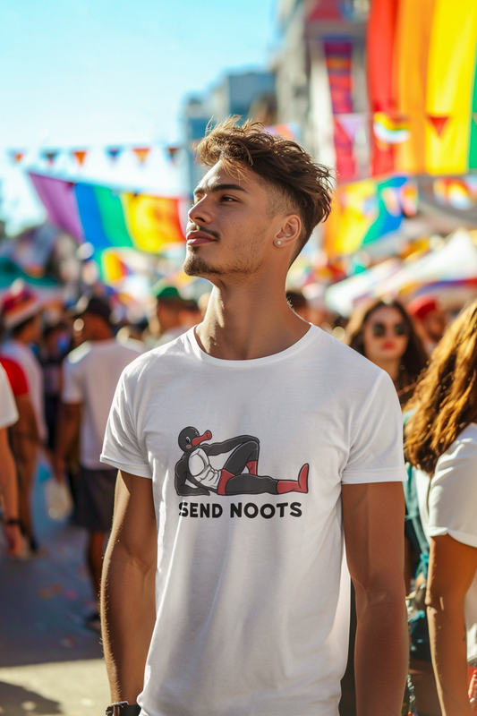 For fans of quirky humor and nostalgic TV show references, the Send Noots t-shirt is the perfect blend of fun and absurdity. A parody of the childhood TV show Pingu.