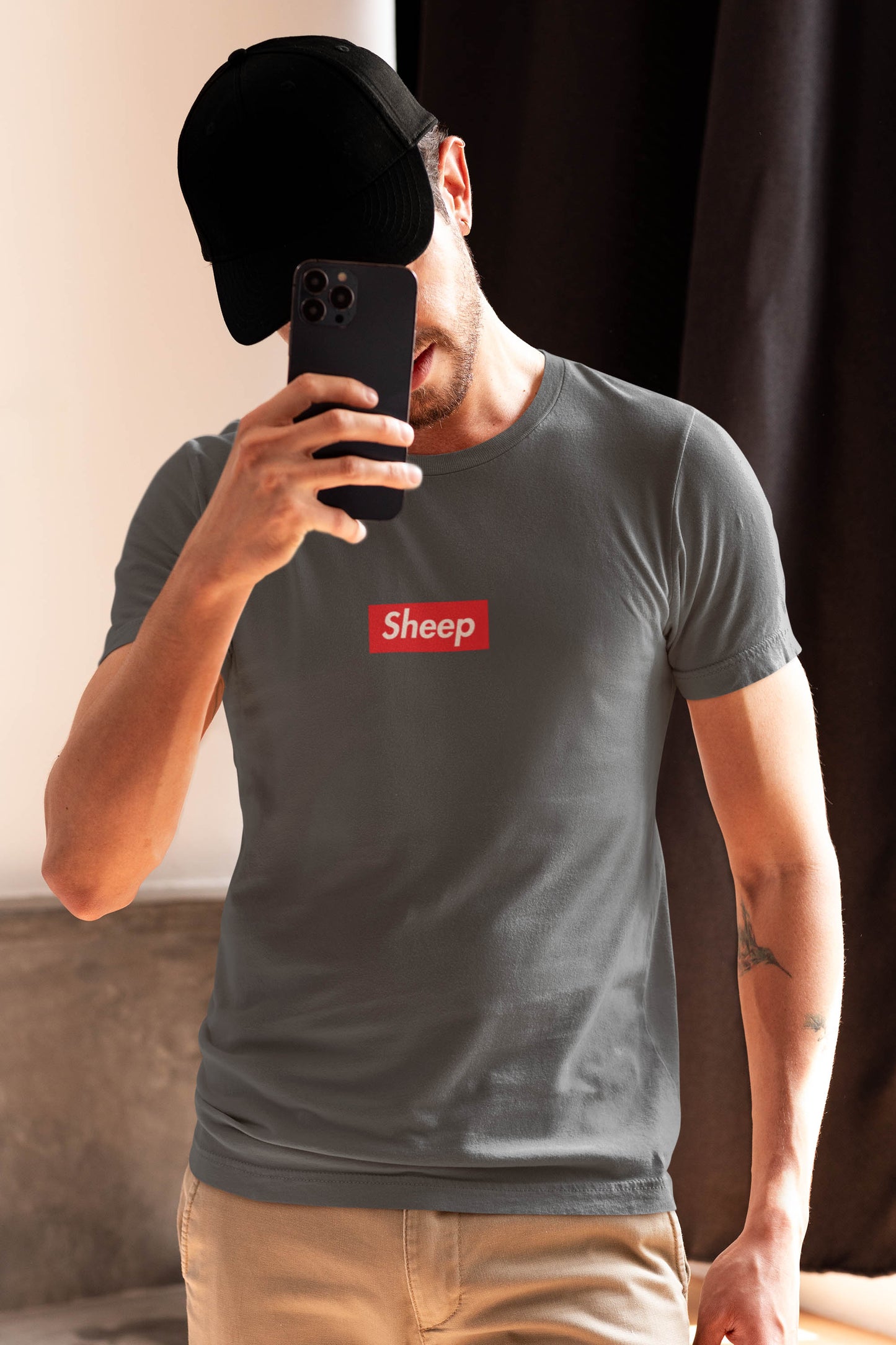 A cheeky nod to the world of high fashion and trend-following, the Sheep t-shirt is a playful spoof of the iconic streetwear brand. Parody of supreme.