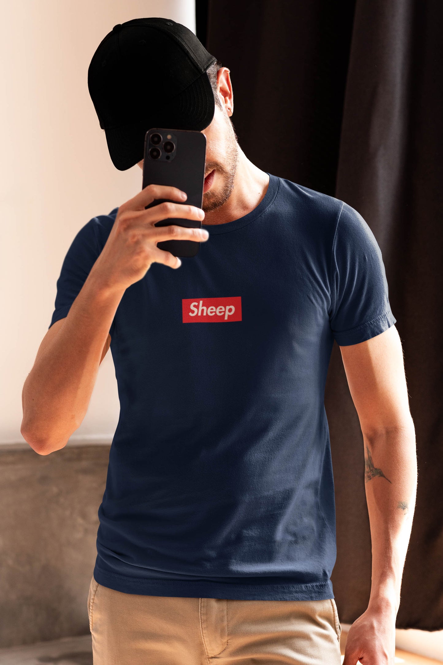 A cheeky nod to the world of high fashion and trend-following, the Sheep t-shirt is a playful spoof of the iconic streetwear brand. Parody of supreme.