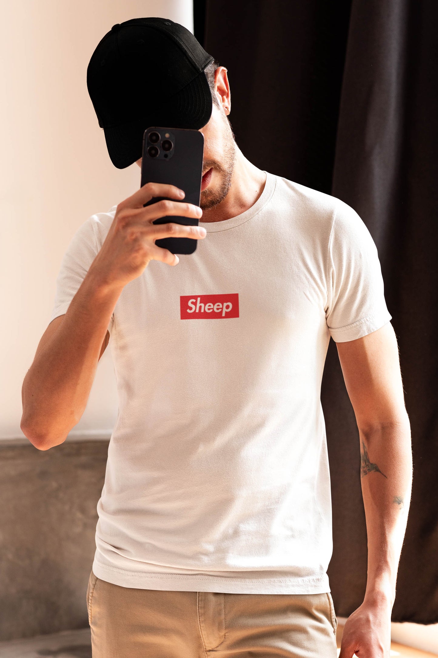 A cheeky nod to the world of high fashion and trend-following, the Sheep t-shirt is a playful spoof of the iconic streetwear brand. Parody of supreme.