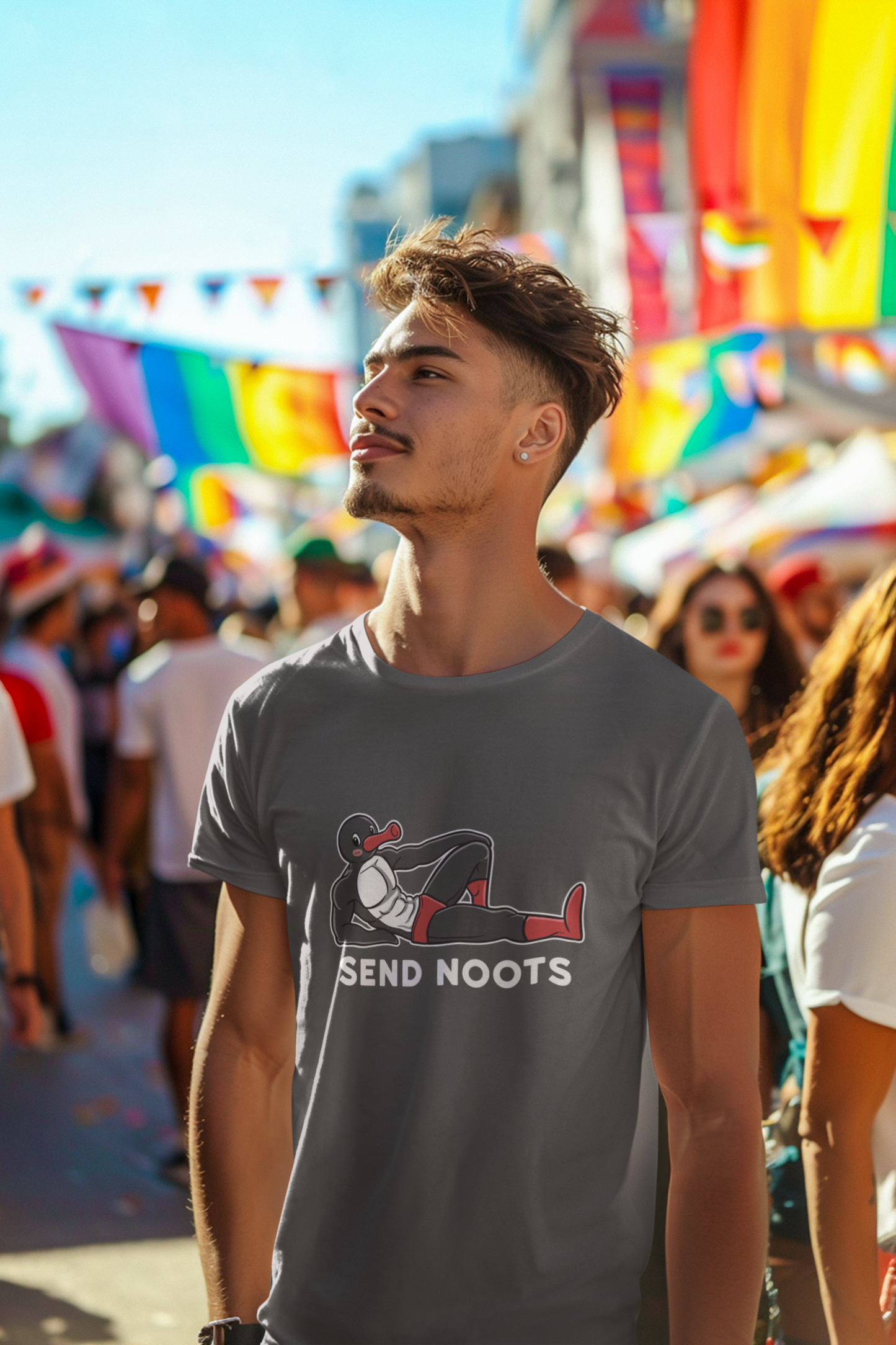 For fans of quirky humor and nostalgic TV show references, the Send Noots t-shirt is the perfect blend of fun and absurdity. A parody of the childhood TV show Pingu.