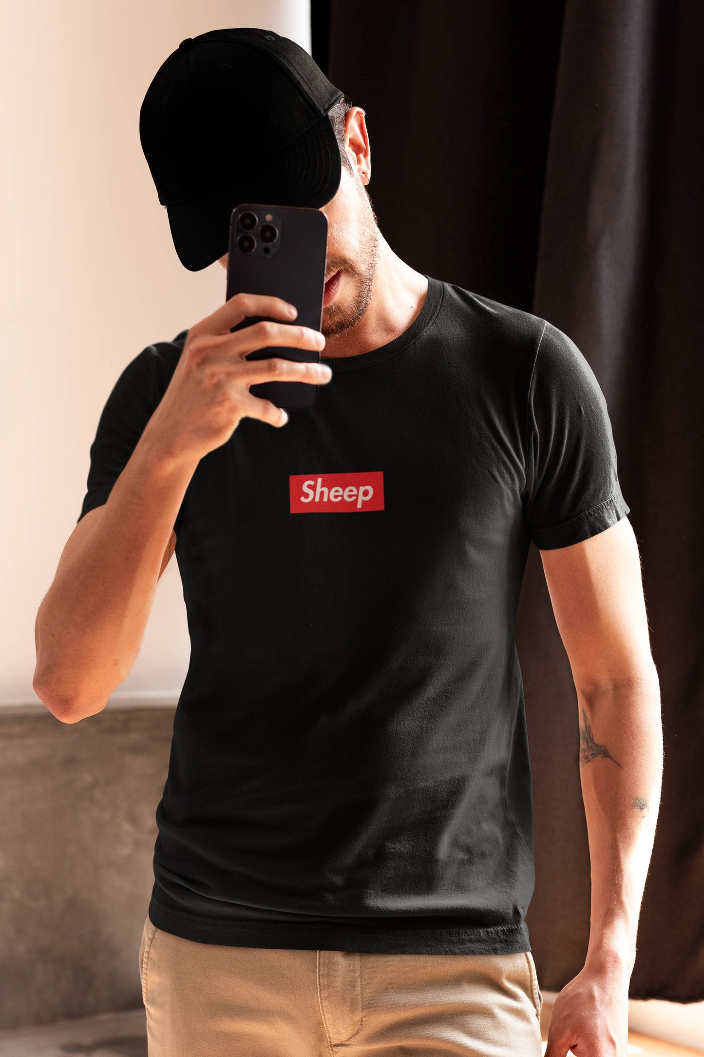A cheeky nod to the world of high fashion and trend-following, the Sheep t-shirt is a playful spoof of the iconic streetwear brand. Parody of supreme.