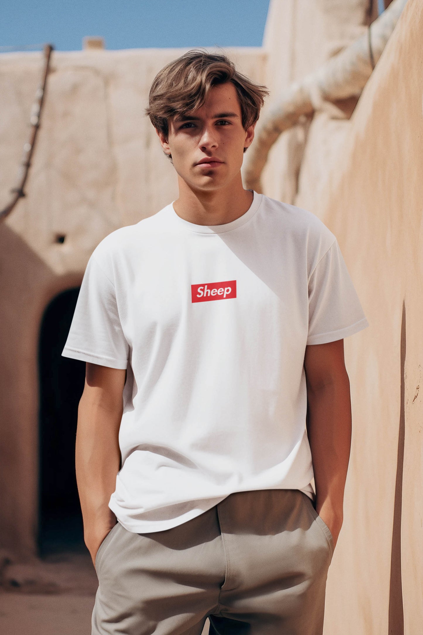 A cheeky nod to the world of high fashion and trend-following, the Sheep t-shirt is a playful spoof of the iconic streetwear brand. Parody of supreme.