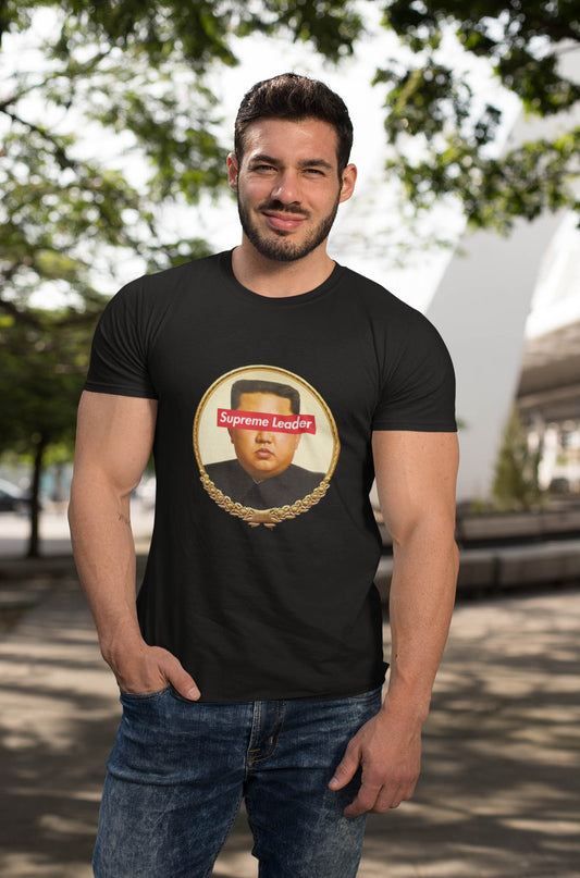Step into the world of satirical fashion with the Supreme Leader t-shirt—a clever fusion of political commentary and iconic streetwear. Featuring a reimagined portrait of the North Korean dictator with the bold Supreme Leader text blocking his eyes, this design plays on the absurdity of authoritarianism while riffing on the famous supreme streetwear logo.